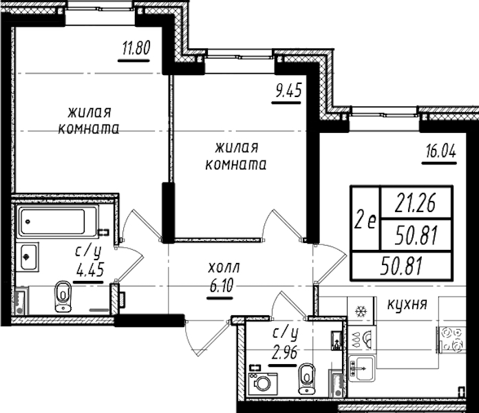 2-комнатная квартира 50.81 м², 1/25 эт., ЖК «Северная Долина»